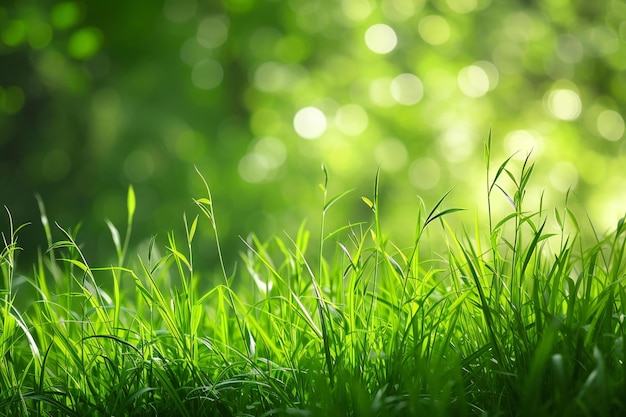 Green grass background with bokeh defocused lights nature background