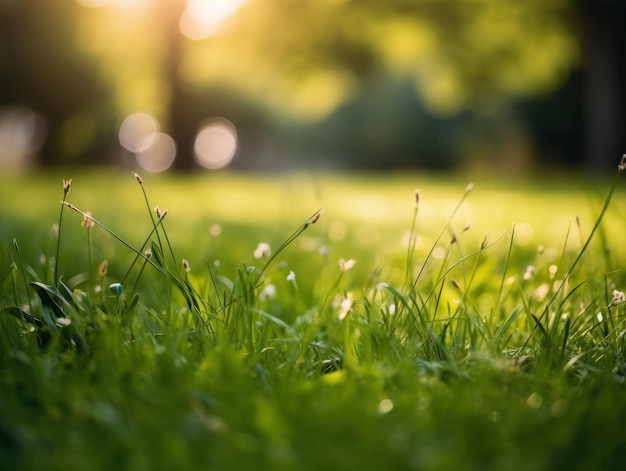 Green grass background with bokeh Sunlight in the morning Created with Generative AI technology