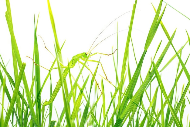 Green grass blades stick insect white background