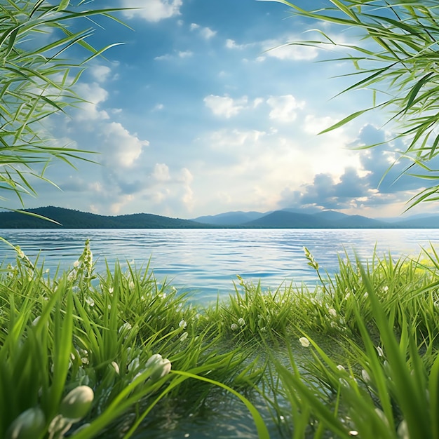 Green grass and blue sky with white clouds on the lake Nature background