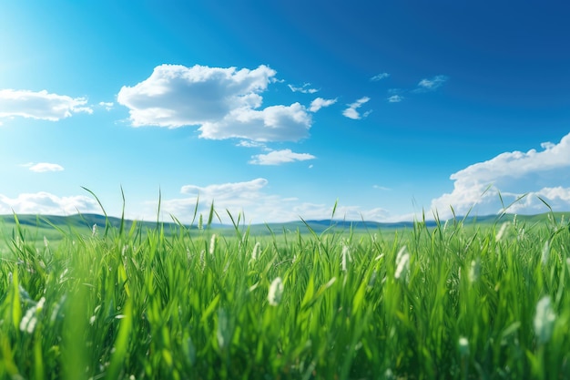 Green grass and blue sky with white clouds Spring landscape Nature background