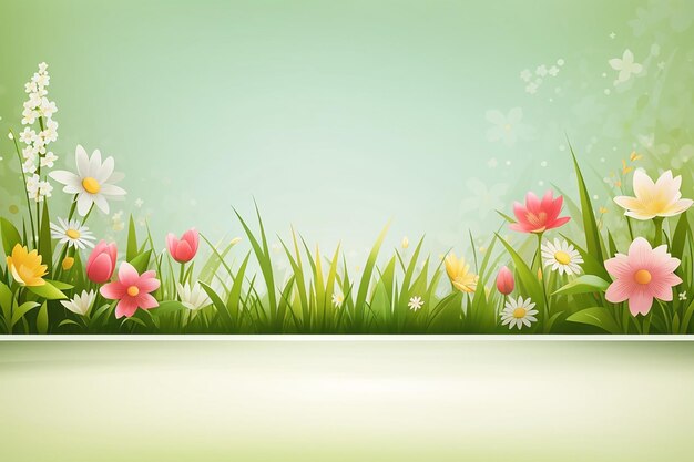 Green grass border with flowers spring or summer nature background