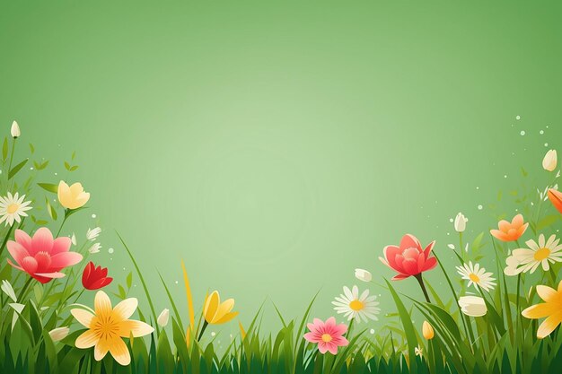 Green grass border with flowers spring or summer nature background