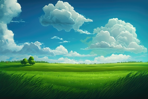 The green grass of a field against the azure sky and clouds