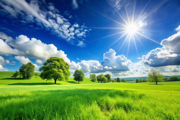 Photo green grass field and blue sky bright sunny summer day idyllic landscape