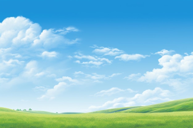 Green grass field and blue sky clouds background countryside landscape