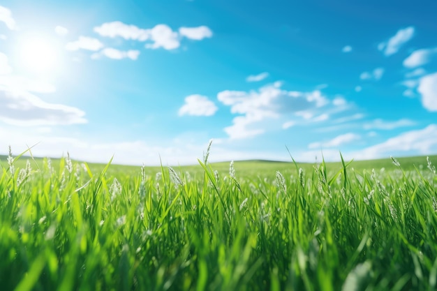 Green grass field and blue sky with clouds Spring nature background