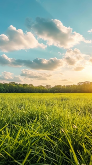 Green Grass Field Under Blue Sky With White Clouds At Sunset