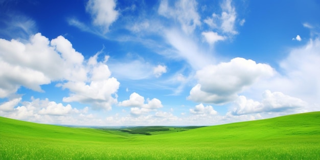 Green grass field and clouds in the sky