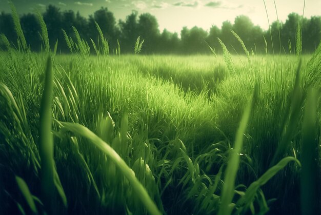 Green grass field low angle view Generative AI