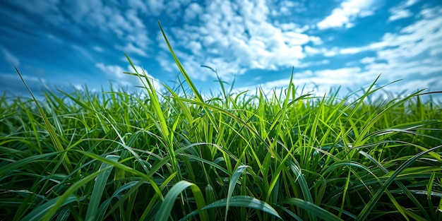 Green grass field with blue sky background