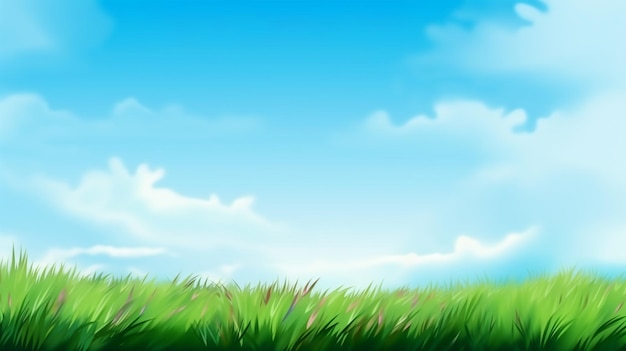 A green grass field with a blue sky and clouds