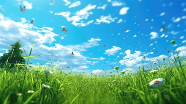 A green grass field with a blue sky and a few clouds