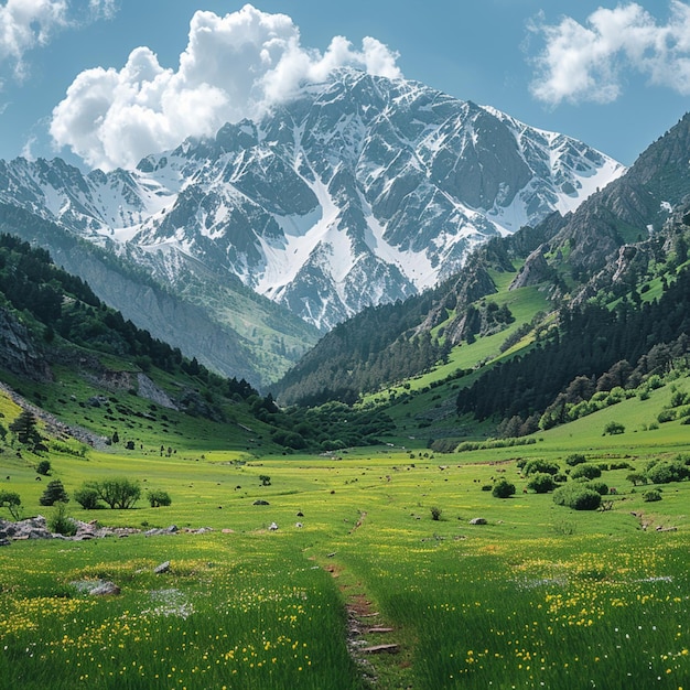 A green grass field with snowy mountains in the background