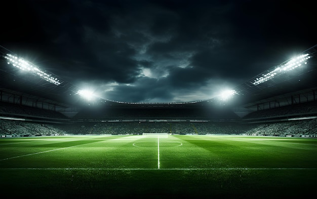 Green Grass Football Field with Floodlights