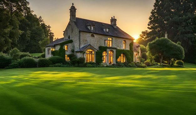 Green grass in the foreground of a wide meadow country house in the background