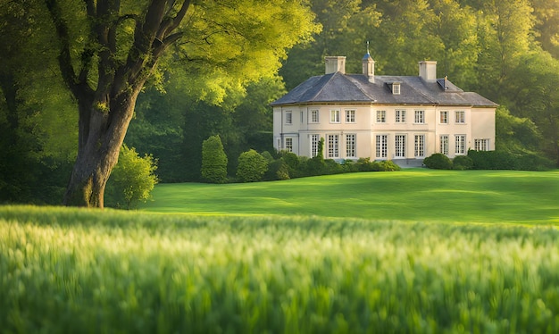 Green grass in the foreground of a wide meadow country house in the background