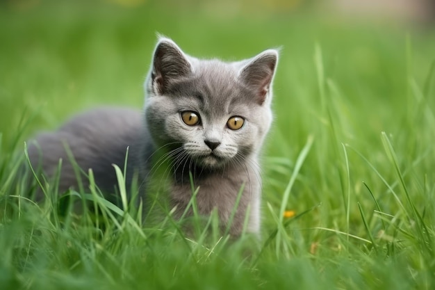 In green grass a lovely small gray cat british kitten lies