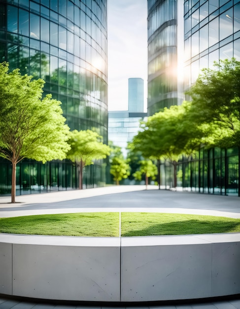 Photo green grass patch in front of modern glass buildings