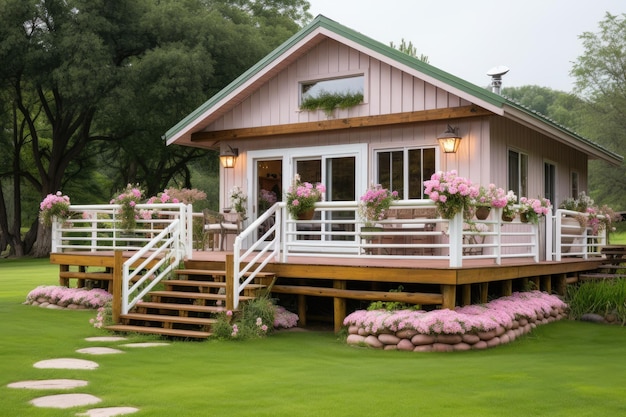 On the green grass there is a white one story wooden cabin inspiration ideas