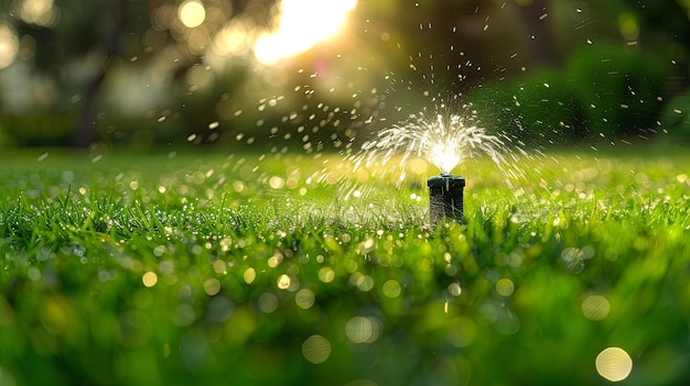 Photo green grass water sprinkler irrigation system sunset