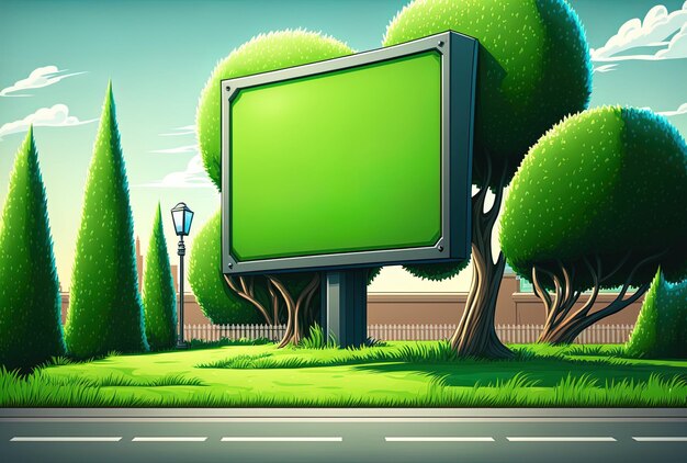 Green grass with a blank vertical street billboard banner in a city street