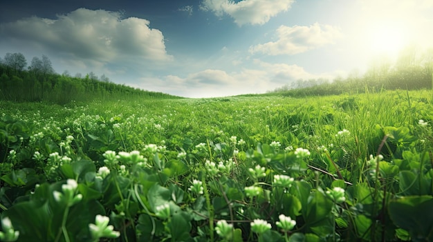 Green grass with a blue sky and clouds