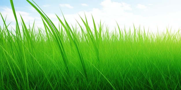 Green grass with blue sky and fluffy clouds