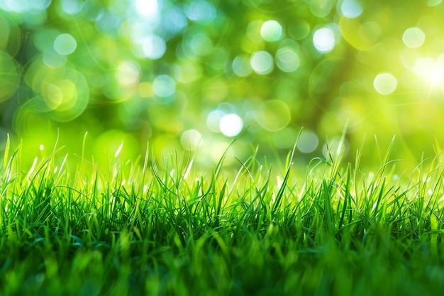 Green grass with bokeh background and sunlight Natural green background