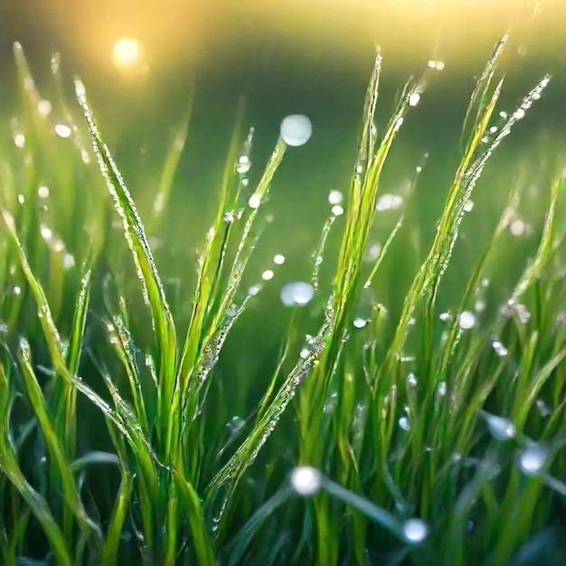 a green grass with dew drops in the morning