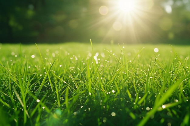 Green grass with dew drops in sunlight Natural green background