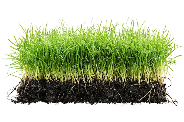 Photo green grass with roots in black soil on white background