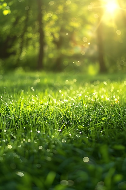 a green grass with the sun shining through the leaves