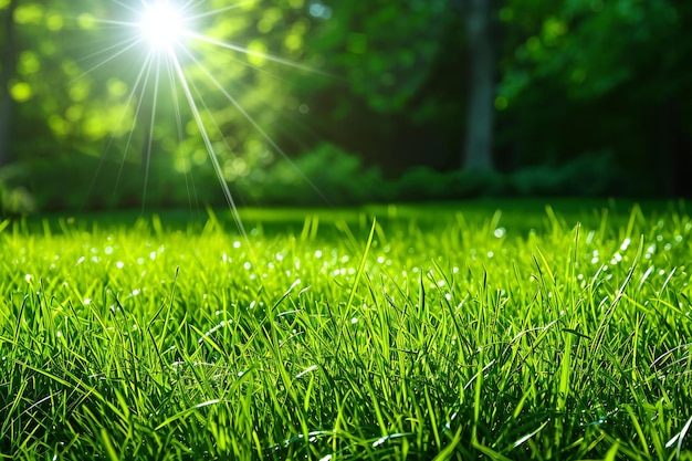 Green grass with sunbeams and lens flare Nature background