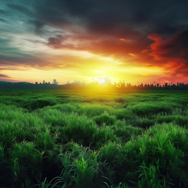 Green grass with sunset views scenery background nature forests