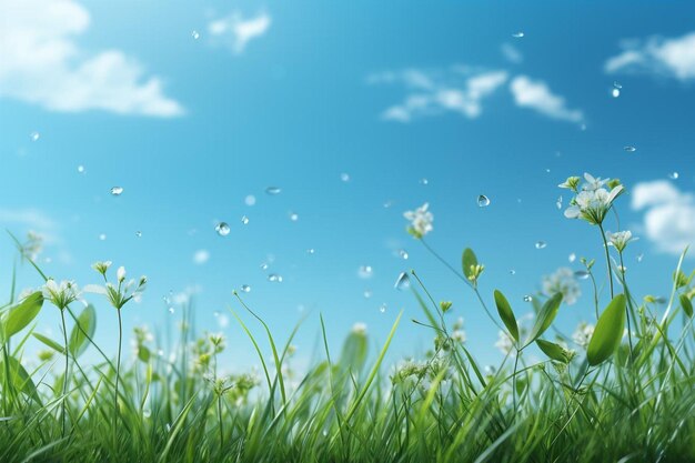 Photo a green grass with water drops on it and the sky in the background