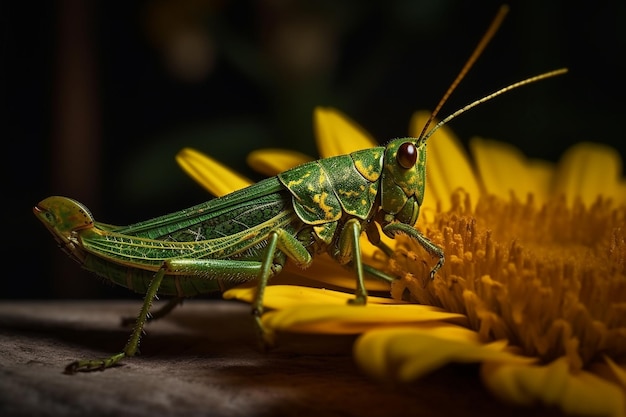 A green grasshopper on a table with a yellow flower