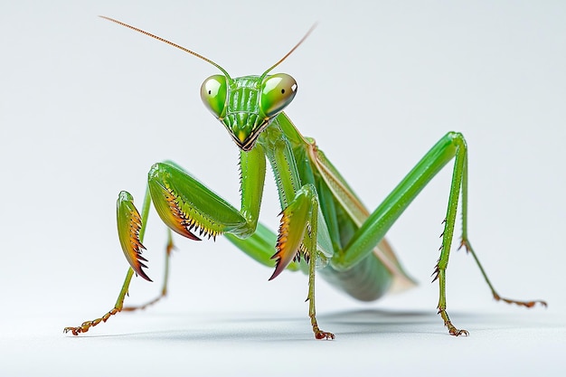 a green grasshopper with a large head sits on a white background