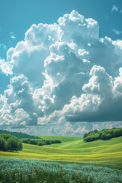 Green Grassland Under Blue Sky and White Clouds