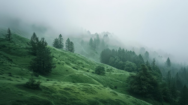 Photo a green grassy hill with trees and fog in the background