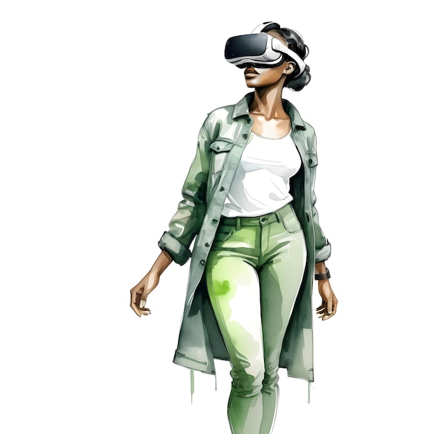 Green and gray watercolor illustration of a woman wearing virtual reality glasses