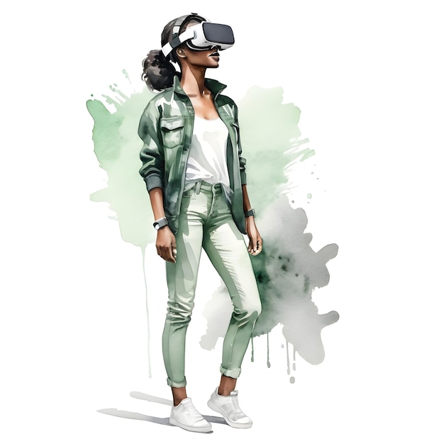 Green and gray watercolor illustration of a woman wearing virtual reality glasses