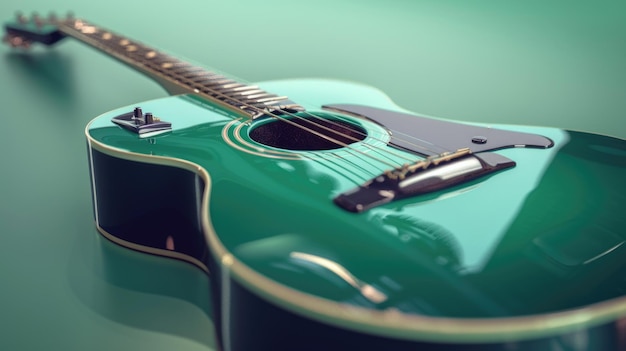 Photo a green guitar sits on top of a wooden table