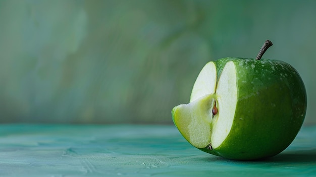 a green half of a cut green apple with a hole in the center