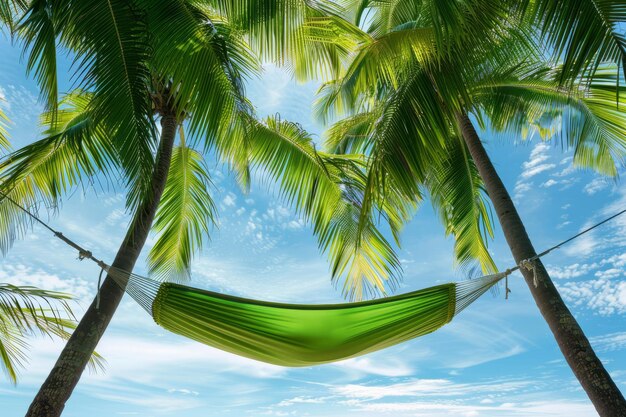 Green hammock with palms around in tropical environment Generative AI