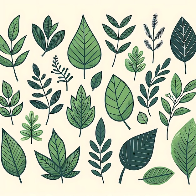 Green Hand Drawn Leaves and Branches Icon Set EcoFriendly Green Leaves and Branches Illustration