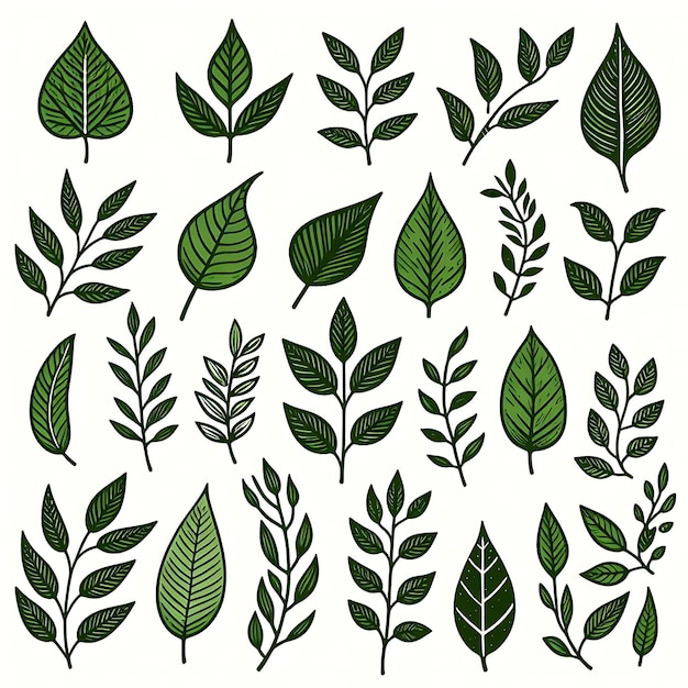 Green Hand Drawn Leaves and Branches Icon Set EcoFriendly Green Leaves and Branches Illustration