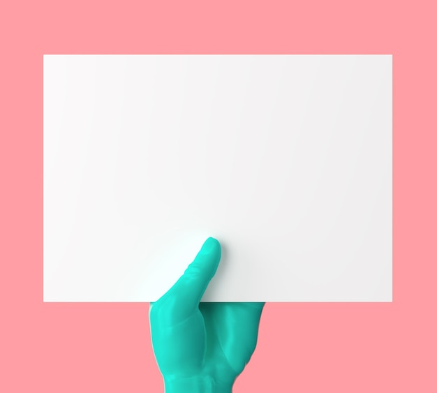 Green hand holding white blank paper card on red backgroud