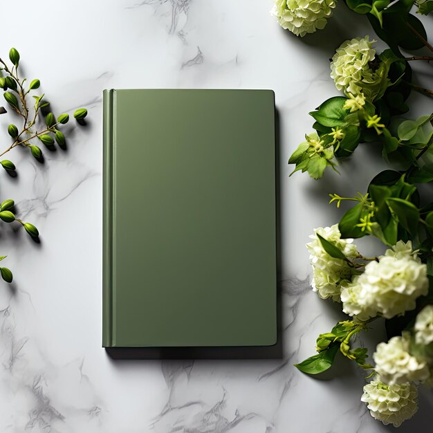 Photo green hardcover book mockup in elegant silver marble background generative ai