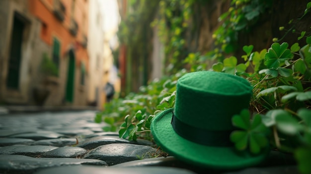 a green hat sits on a stone path next to some plants